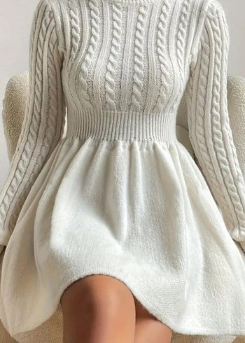 Bohem Tarzda Yüksek Yakalı Örgü Midi Elbise - Görsel 3