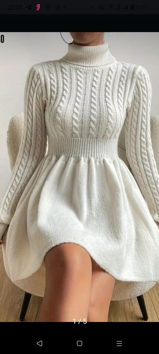 Bohem Tarzda Yüksek Yakalı Örgü Midi Elbise - Görsel 5