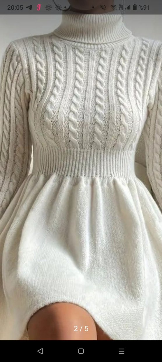 Bohem Tarzda Yüksek Yakalı Örgü Midi Elbise - Görsel 4