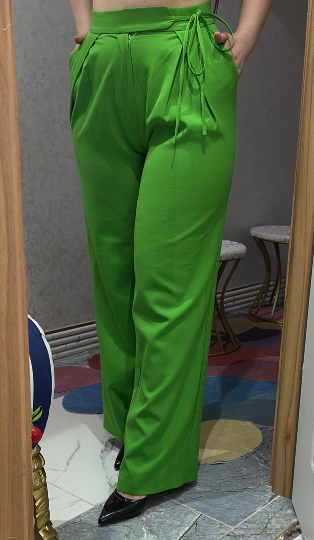 Yeşil Pilili Kadın Kumaş Pantolon - Görsel 2