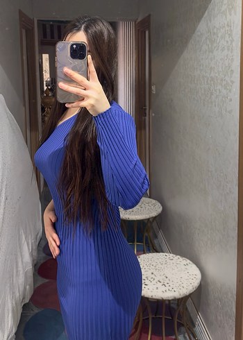 Mavi Tek Kollu Piliseli Midi Elbise - Görsel 3