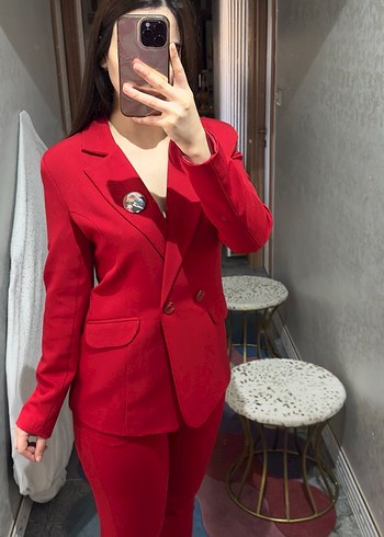 Düğmeli Kırmızı Kadın Blazer Ceket takım - Görsel 5