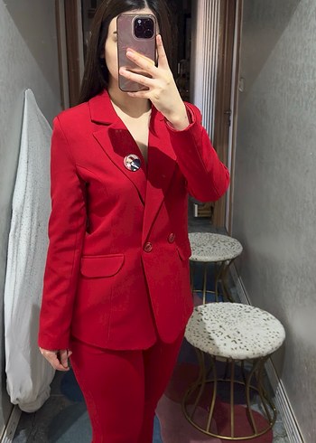 Düğmeli Kırmızı Kadın Blazer Ceket takım - Görsel 2