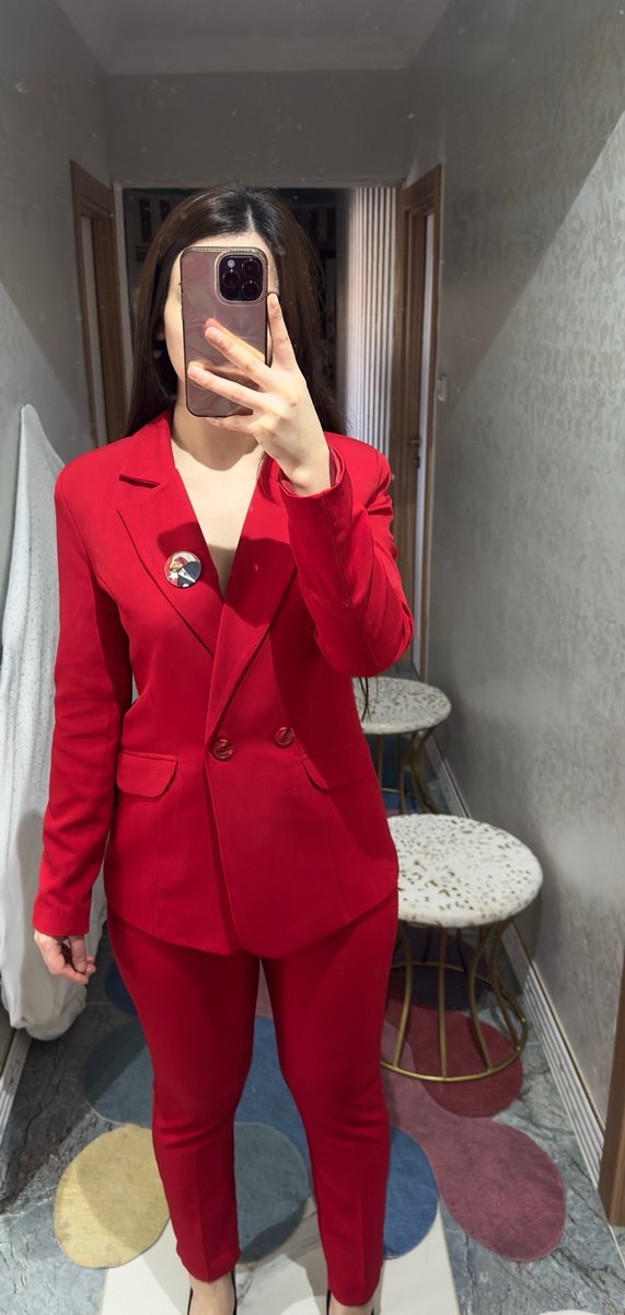 Düğmeli Kırmızı Kadın Blazer Ceket takım - Görsel 4