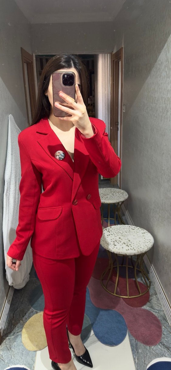 Düğmeli Kırmızı Kadın Blazer Ceket takım - Görsel 5