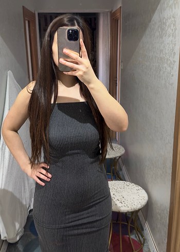 Gri Straplez Midi Hamile Elbisesi - Görsel 3