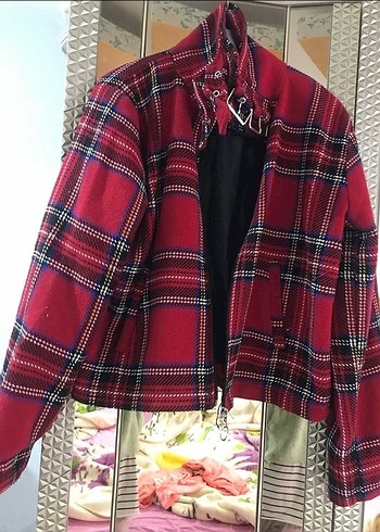 Kırmızı Ekose Desenli Kadın Midi Ceket - Görsel 3