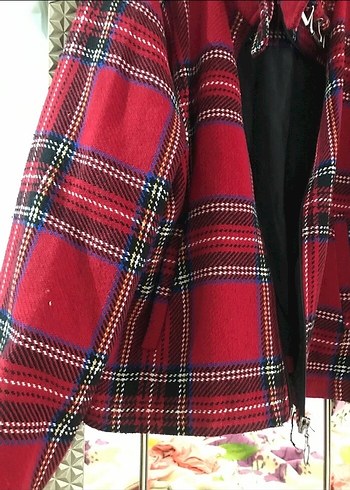 Kırmızı Ekose Desenli Kadın Midi Ceket - Görsel 2