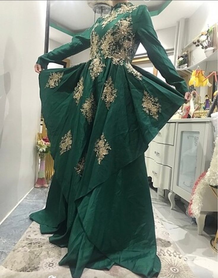 Yeşil İşlemeli Uzun Tesettür Kına Elbisesi - Görsel 3