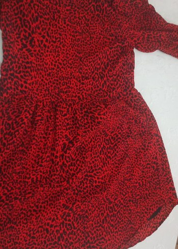 Kırmızı Desenli V Yaka Uzun Kollu Mini Elbise - Görsel 3