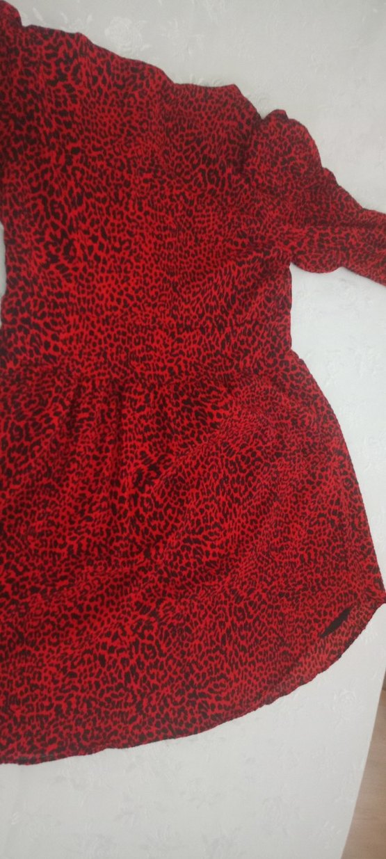 Kırmızı Desenli V Yaka Uzun Kollu Mini Elbise - Görsel 3