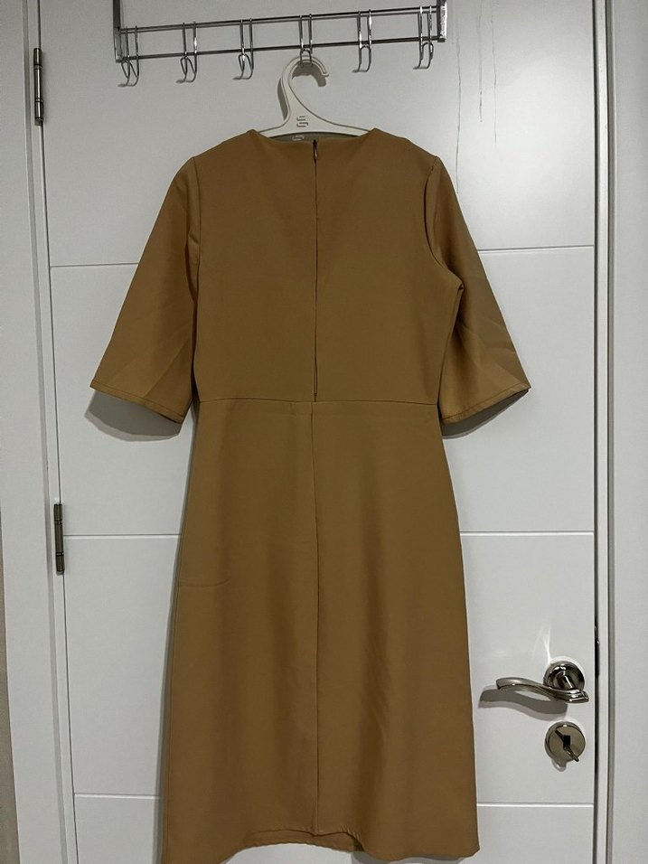 Bej Midi Hamile Elbisesi, Kısa Kollu, Regular Fit - Görsel 2