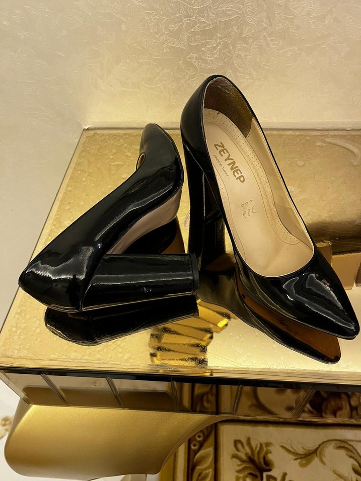 Siyah Rugan Yılan Desenli Kalın Topuk Stiletto - Görsel 3