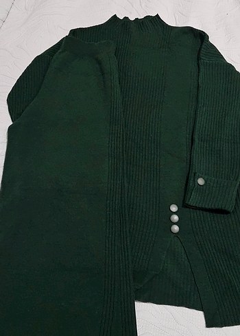 Düğmeli Kadın Uzun Yeşil triko takım - Görsel 2