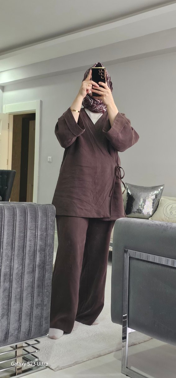 Kadın Kahverengi Midi Saten Takım - Görsel 2