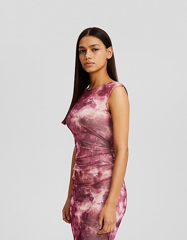 Bershka tül desenli midi elbise - Görsel 2