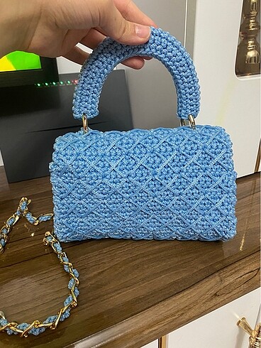 El emeği polyester makrome mavi çanta - Görsel 2