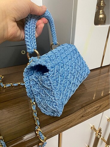 El emeği polyester makrome mavi çanta - Görsel 3