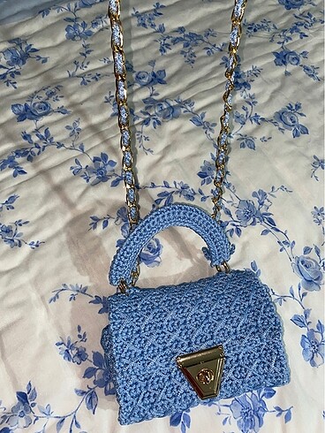 El emeği polyester makrome mavi çanta - Görsel 4