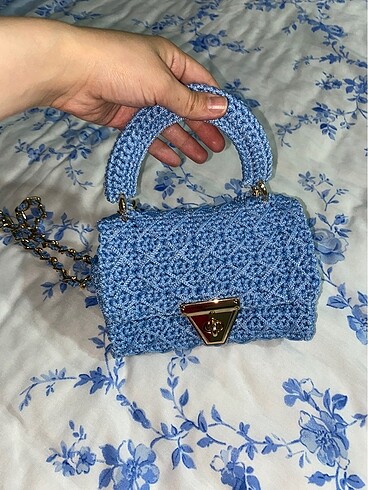 El emeği polyester makrome mavi çanta - Görsel 5