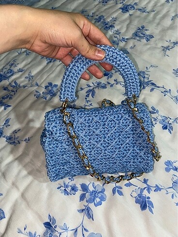 El emeği polyester makrome mavi çanta - Görsel 6