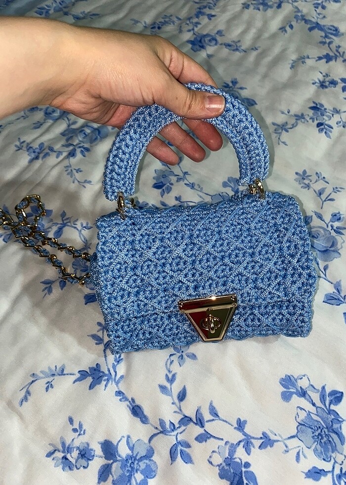 El emeği polyester makrome mavi çanta - Görsel 5