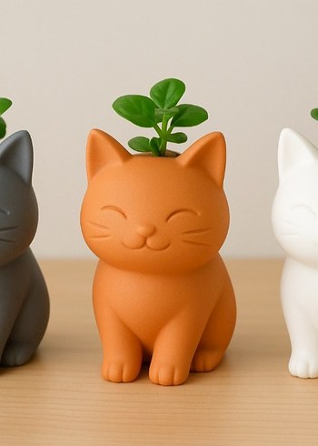 3lü Kedi Figürlü Saksı