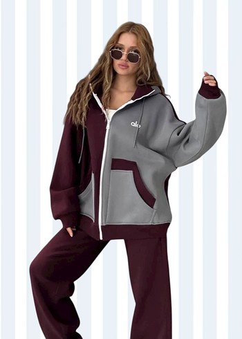 Kadın Gri Bordo Kapüşonlu Oversize Eşofman Takımı