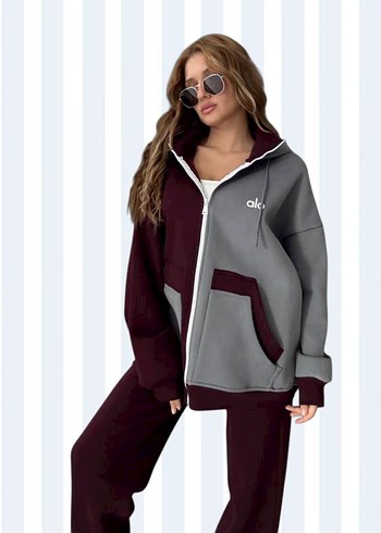 Diğer Kadın Gri Bordo Kapüşonlu Oversize Eşofman Takımı