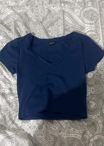 Lacivert V Yaka Kısa Kollu Kadın crop