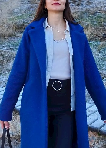 Uzun Saks Mavisi Tüvit Kadın Kaban - Görsel 2