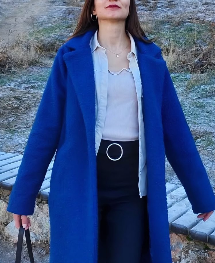 Uzun Saks Mavisi Tüvit Kadın Kaban - Görsel 2