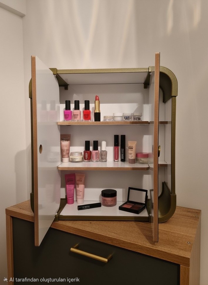 Parlak Gold renkli mdf Makyaj ve Aksesuar dolabı - Görsel 2