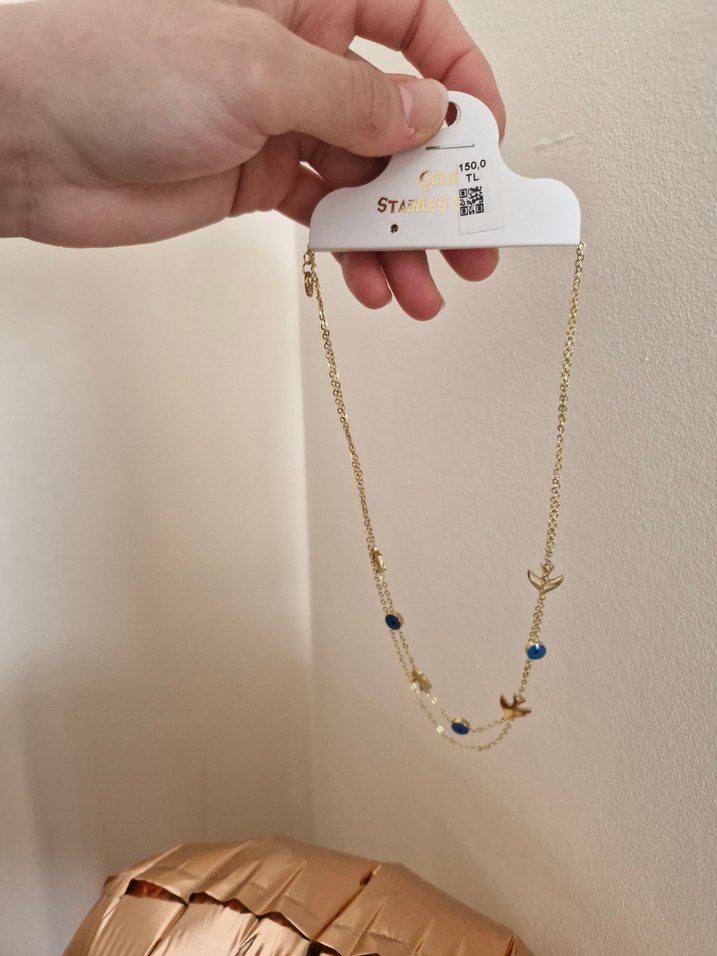 Kuş ve Nazar Boncuk Detaylı Gold Renk Kolye - Görsel 2