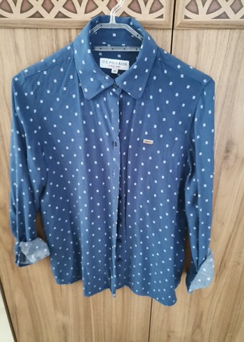 Uzun Kollu Mavi Denim Desenli kadın Gömlek