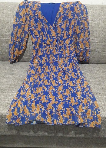 Bohem Mavi Desenli Uzun Kollu Elbise - Görsel 2