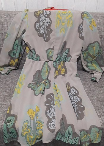 Bohem Uzun Kollu şifon  Gri desenli elbise - Görsel 2