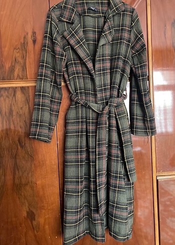 Düğmeli Ekose Desenli Uzun Kahverengi Kadın Kaban - Görsel 2