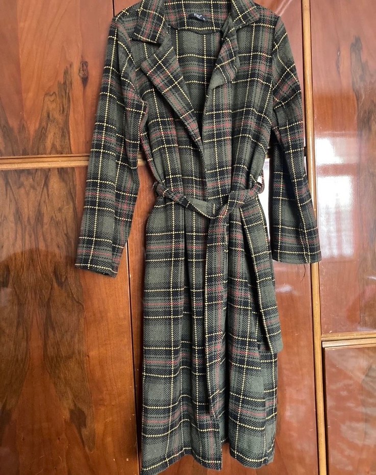 Düğmeli Ekose Desenli Uzun Kahverengi Kadın Kaban - Görsel 2