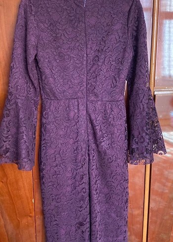 Uzun Kollu Mor Dantel Kadın Abiye Elbise - Görsel 4