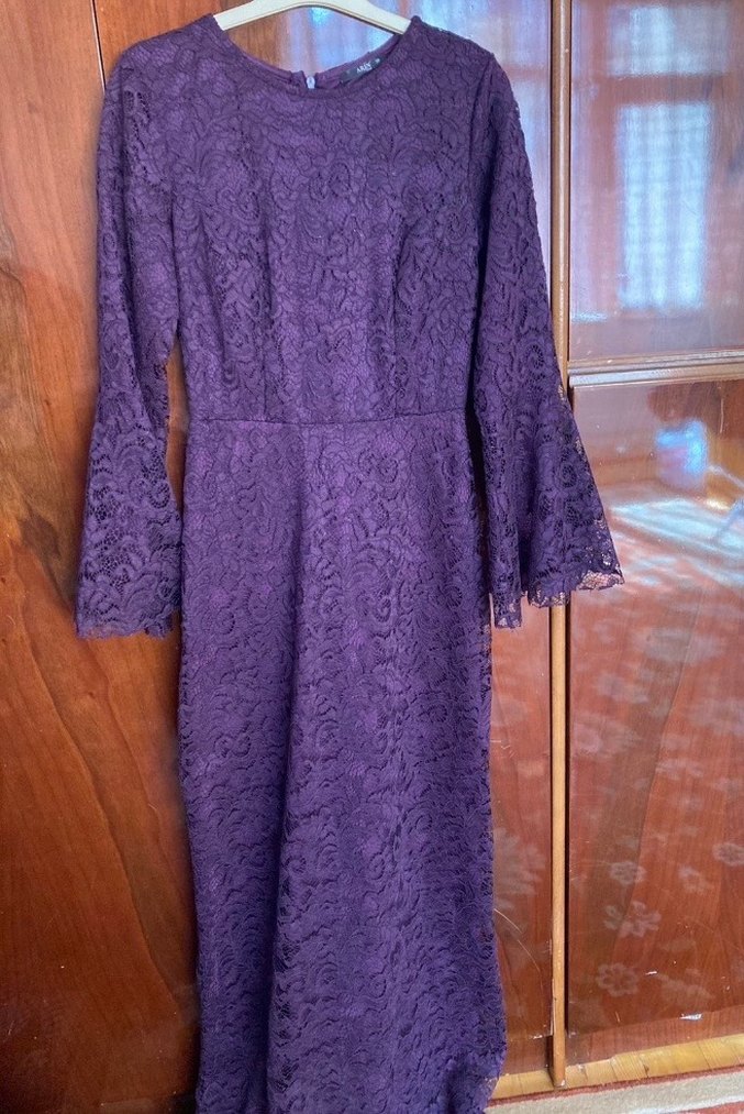 Uzun Kollu Mor Dantel Kadın Abiye Elbise - Görsel 2