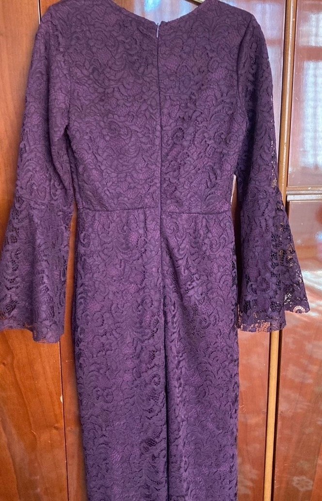 Uzun Kollu Mor Dantel Kadın Abiye Elbise - Görsel 4