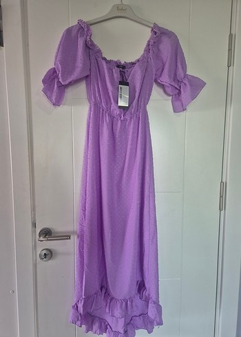 Mor Uzun Bohem Fırfırlı Elbise - Görsel 3