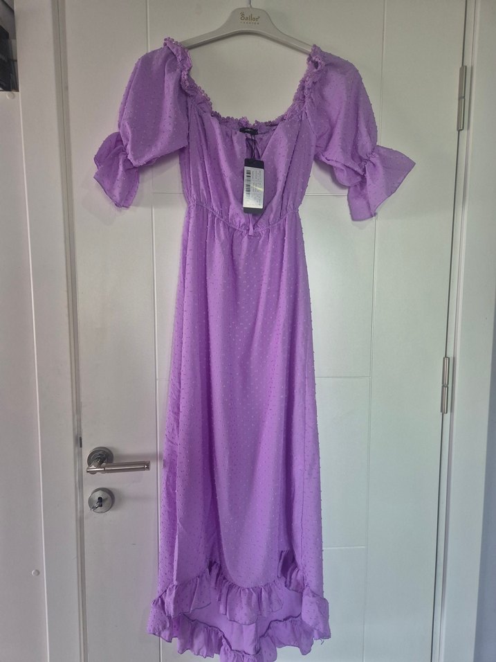 Mor Uzun Bohem Fırfırlı Elbise - Görsel 3