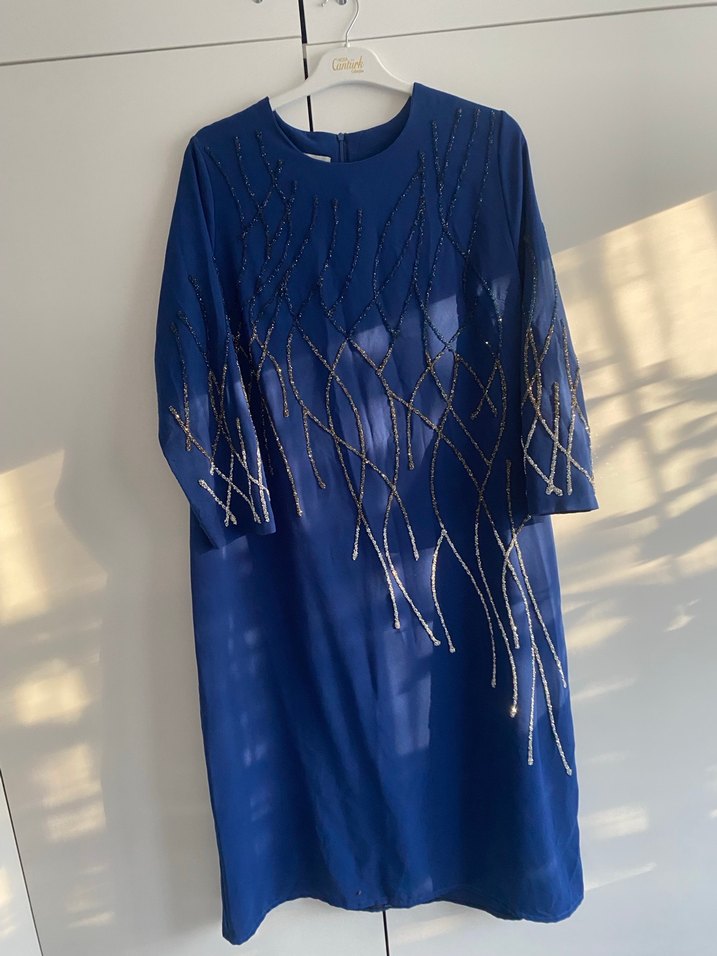 Mavi İşlemeli Hamile Abiye Elbise - Görsel 5