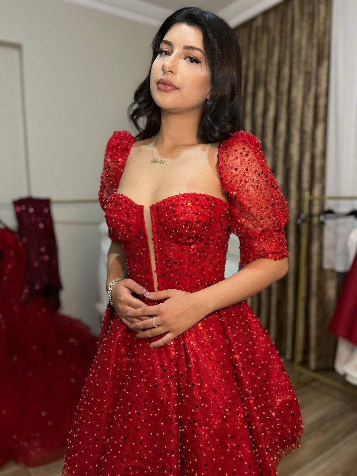 Kırmızı Mini Payetli V Yaka Abiye Elbise - Görsel 2