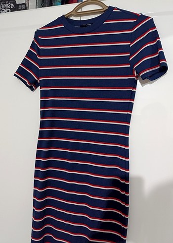 Çizgili Lacivert Midi Kadın Elbise - Görsel 3