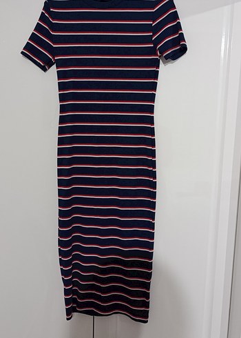Çizgili Lacivert Midi Kadın Elbise - Görsel 4