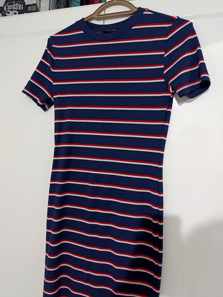 Çizgili Lacivert Midi Kadın Elbise - Görsel 3