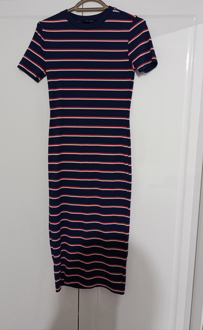 Çizgili Lacivert Midi Kadın Elbise - Görsel 4